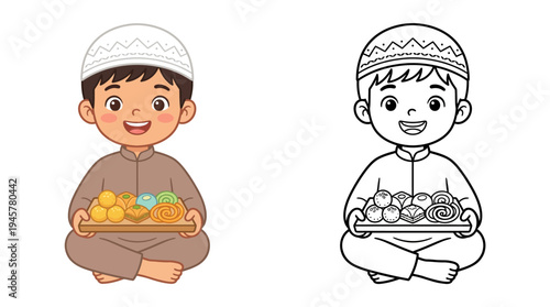 Cute child dressed in traditional attire holding plate of sweets for festive celebration