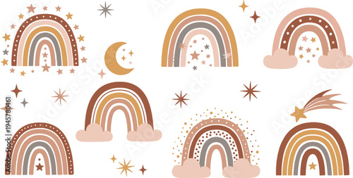 Boho rainbow collection with clouds, stars and moon, pastel celestial nursery elements in neutral earthy colors for baby room decoration illustration