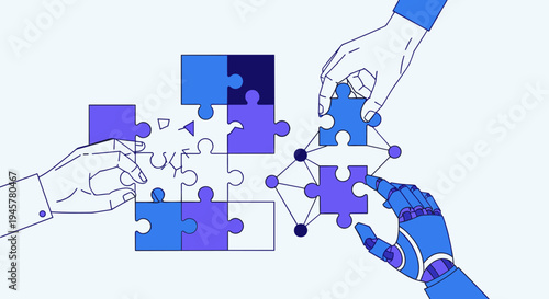 Human and robotic hands collaboratively assemble a networked jigsaw puzzle
