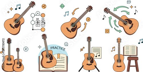 Acoustic guitar learning and music practice elements with notes chords and instruments educational vector illustration set