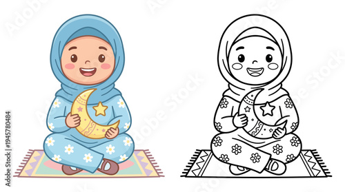 Adorable Child in Cozy Pajamas Sitting on a Rug with a Dreamy Expression Holding a Crescent Moon and Star Illustration