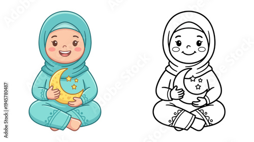 Adorable young girl in modest attire holding a crescent moon with stars in a joyful pose illustrating innocence and hope in a