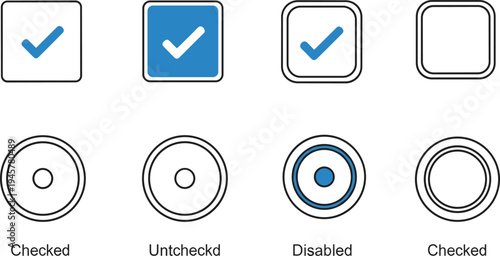 Checkbox and radio button user interface elements set with checked, unchecked and disabled states for form controls in modern outline vector design