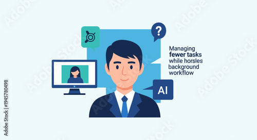 Cartoon man with AI speech bubble and computer screen on light blue