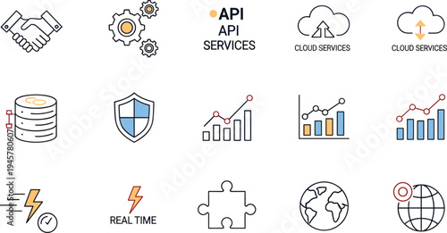 Cloud computing and API services icon set with database storage, cybersecurity shield, analytics charts, real time processing, global network and technology symbols