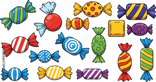 Colorful assorted candy and sweet wrapped candies collection in flat cartoon vector style, isolated confectionery icons set for candy shop, kids design, packaging, and menu