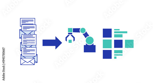 A stack of white envelopes is processed by a teal and blue robotic arm into an array of geometric data blocks on a solid white background.