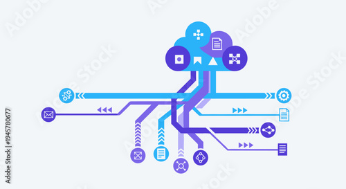 Various blue and purple lines with distinct icons flow into and out of a central cloud icon, composed of multiple shapes, on a plain light lavender background.
