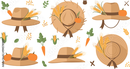 Autumn straw hats collection with wheat, pumpkins and carrots, rustic harvest season accessories illustration set for fall festival design