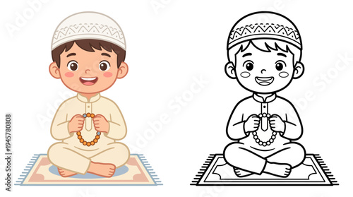 Adorable young boy sitting cross-legged on prayer mat holding prayer beads and wearing traditional head covering with a joyful