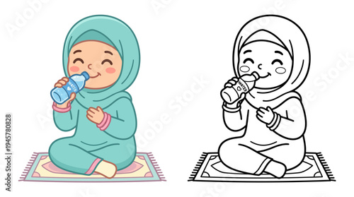 Adorable young girl in hijab enjoying a refreshing drink while seated on a colorful patterned rug with a joyful expression and