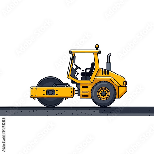 Yellow Road Roller Construction Vehicle Vector Illustration