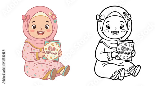 Adorable Muslim Girl Celebrating Eid in Cozy Pink Outfit Holding Festive Card