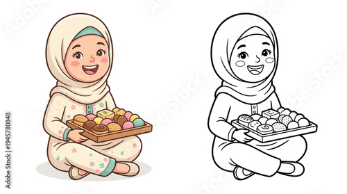 Charming cartoon girl in hijab holding a tray of colorful sweets and treats in a cheerful pose
