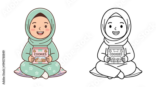 Adorable Muslim girl holding cookie box in playful sitting position with cheerful expression in a cheerful scene emphasizing