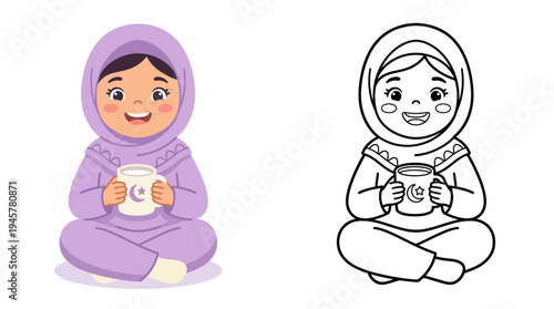 Whimsical illustration of a girl in cozy pajamas holding a moon-themed mug with a joyful expression and sitting cross-legged on