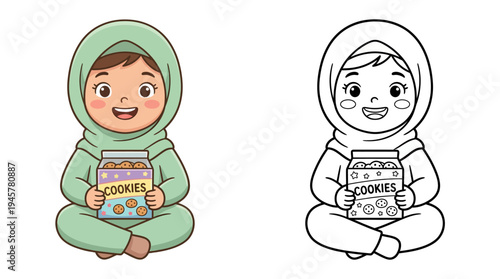 Adorable cartoon girl in cozy hooded outfit holding a box of cookies with cheerful expression
