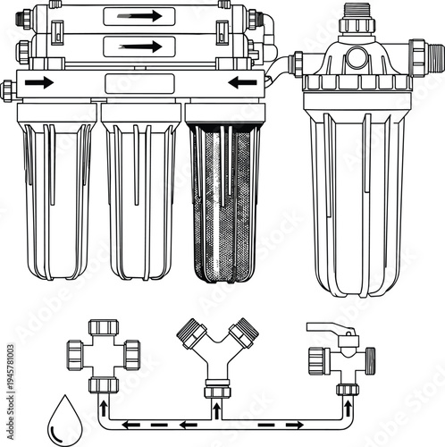 Water filtration system diagram, multi-stage filters, sediment filter, carbon filter, reverse osmosis, plumbing connections, valves, Y-splitter, purification process illustration