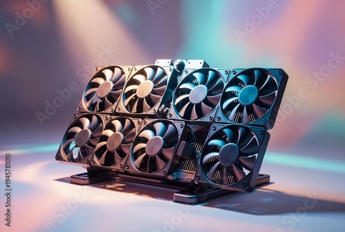 Multiple high-performance graphics cards are displayed on a stand, likely for showcasing computer hardware.