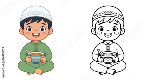 Adorable child in traditional attire enjoying a bowl of soup with joyful expression