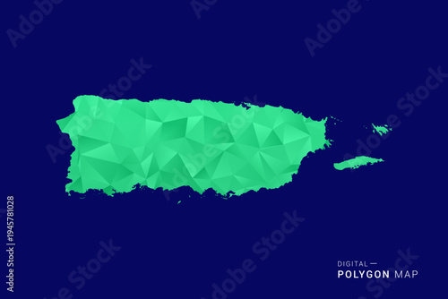 Puerto Rico Map - low poly polygon vector, geometric triangulated silhouette in green and blue tones, clean modern style, isolated background for infographic use.