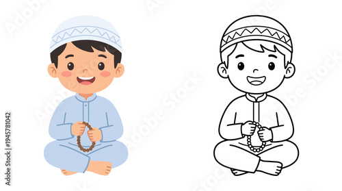 Illustration of a Young Boy Sitting Cross-Legged Wearing Traditional Attire and Holding Prayer Beads