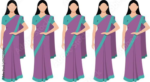 Indian woman wearing traditional purple and green saree set of multiple poses flat vector illustration isolated on white background