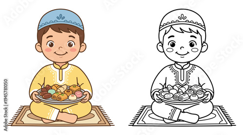  adorable cartoon child wearing traditional attire enjoying a festive meal on a patterned mat