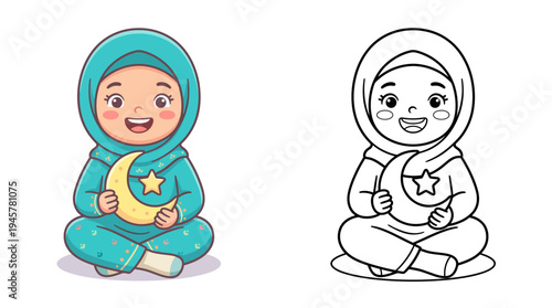 Adorable young girl in a cozy hijab and pajamas holding a crescent moon with a star sitting cross-legged in playful cartoon
