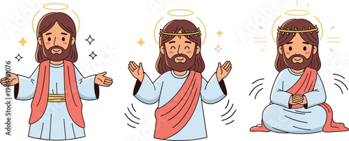 Jesus Christ Cartoon Vector Set with Halo, Open Arms, and Praying Pose Religious Christian Biblical Character Illustration