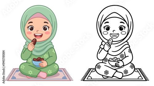 Charming cartoon girl in hijab enjoying a snack while sitting on a patterned rug with colorful background