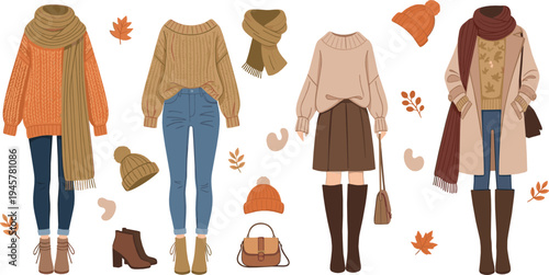 Autumn women outfits collection with sweaters scarves boots coats and fall accessories stylish seasonal fashion vector illustration set