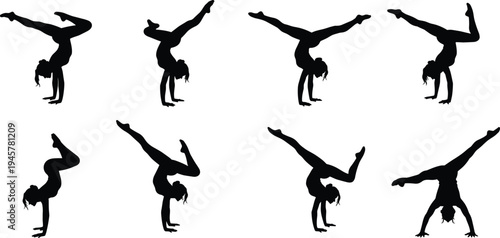 Gymnast silhouettes collection performing handstand and acrobatic balance poses, female artistic gymnastics movements isolated on white background sports training and flexibility concept