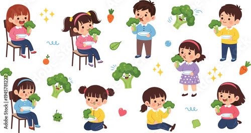 Cute kids eating broccoli and healthy vegetables, happy children enjoying nutritious food cartoon vector illustration set for healthy eating and nutrition education