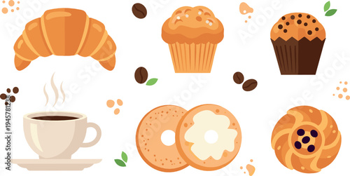 Bakery breakfast pastries collection with croissant, muffins, donuts and coffee cup, delicious sweet dessert and cafe food illustration set