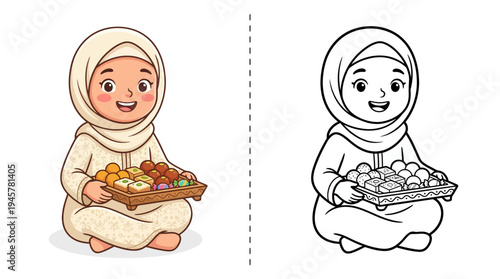 Adorable young girl in traditional attire holding a colorful tray of sweets, cheerful and engaging illustration perfect for