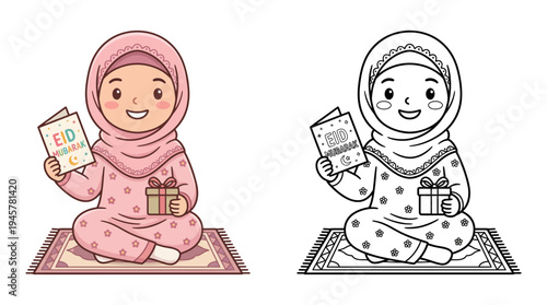 Adorable young girl in traditional attire celebrating Eid with gifts and joyful expressions