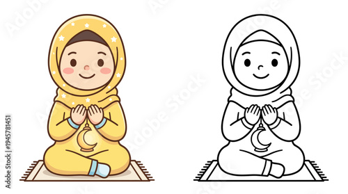 Cute cartoon depiction of a praying child dressed in yellow with a moon motif on a prayer rug reflecting innocence and