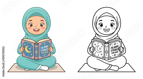 Adorable young girl with hijab reading Islamic storybook for children inspiring faith and curiosity within a peaceful setting