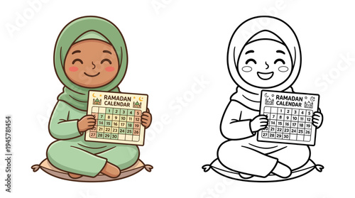 Joyful Muslim girl holding a Ramadan calendar illustration in colorful and black and white versions suitable for educational and