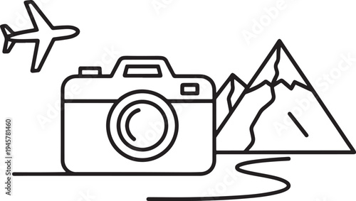 Minimalist black and white camera and mountain with airplane