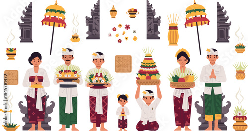 Balinese traditional ceremony characters with offerings and temple decorations, Bali culture festival vector illustration collection