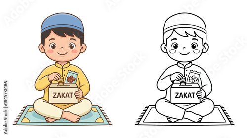 Young boy performing Islamic prayer and offering zakat in a peaceful setting