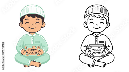 Cute cartoon boy in traditional attire holding cookie box with smiling face