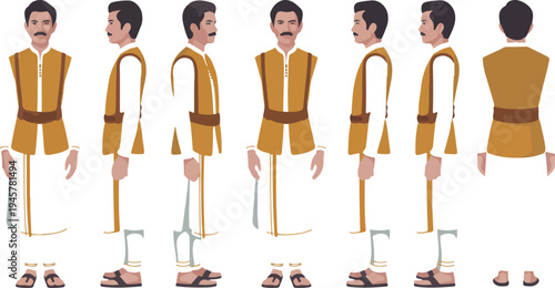 Indian man character turnaround sheet wearing traditional ethnic clothing dhoti and vest isolated on white background flat vector