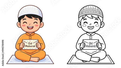 Joyful child dressed in traditional attire holding a greeting card during Eid celebration