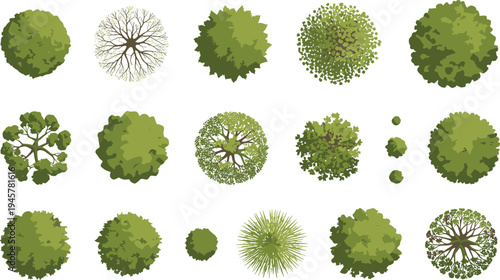 Top view tree collection vector set, diverse green forest canopy silhouettes isolated on white background, landscape architecture plan elements for park design, urban planning and mapping
