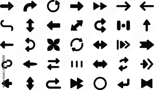 Set of black navigation arrows and symbols on white background for UI design, web, and app development
