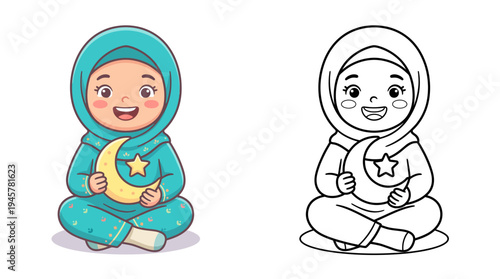 Adorable cartoon girl dressed as a moon goddess holding a crescent moon with star in a cozy sitting pose with vibrant colors