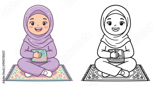 Adorable Muslim girl sitting peacefully on prayer mat with a joyful expression and holding a holy book while dressed in modest